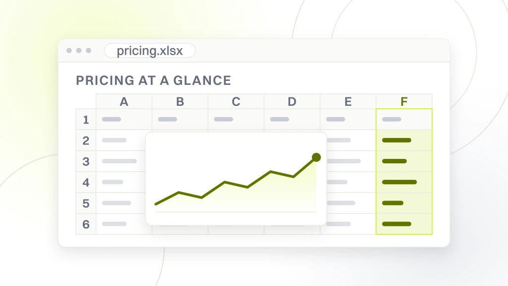 Search Engine Optimization Services Pricing. A spreadsheet window showing a lettered column header, a numbered gutter and a grid of cells with the last column highlighted and a chart object sitting over them.