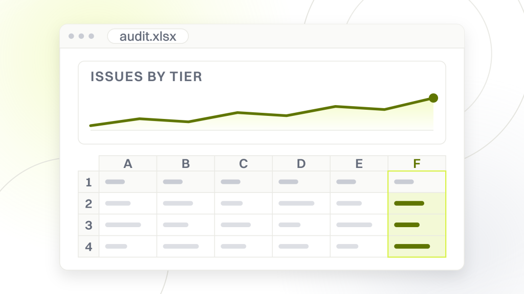Full SEO website audit checklist. A spreadsheet window with a chart card above the table it was built from, showing a checklist grouped by tier rather than counted as one long list.