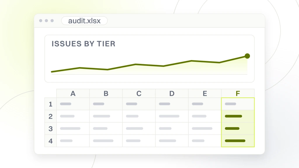 Full SEO website audit checklist. A spreadsheet window with a chart card above the table it was built from, showing a checklist grouped by tier rather than counted as one long list.