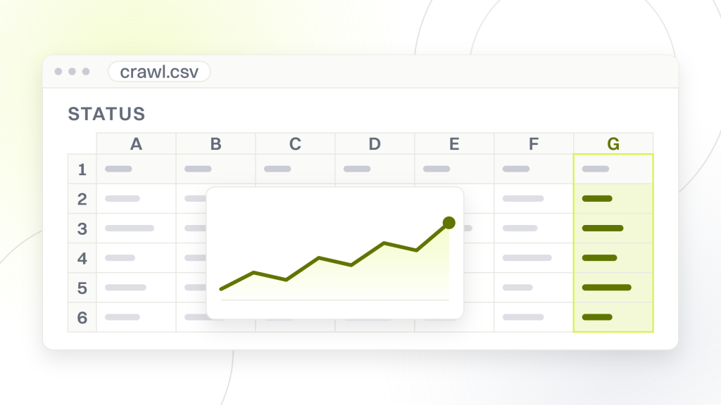 SEO audit checklist. A spreadsheet window holding a crawl export, seven columns across five rows with the status column highlighted, the file the crawler-only checks are answered from.