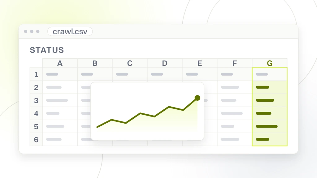 SEO audit checklist. A spreadsheet window holding a crawl export, seven columns across five rows with the status column highlighted, the file the crawler-only checks are answered from.