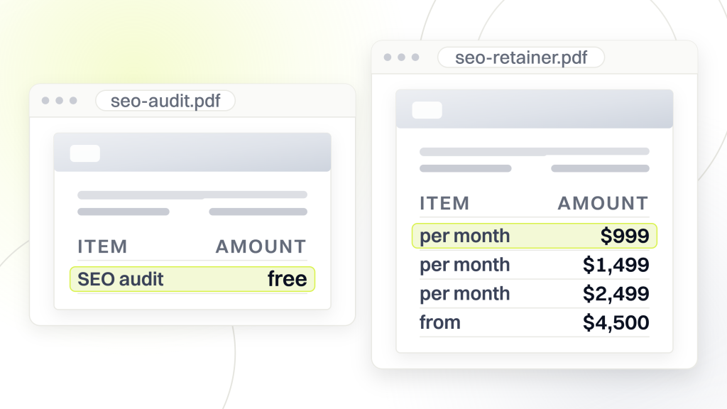 SEO audit cost. Two documents side by side in viewer windows, one priced as a free SEO audit and one listing retainers at $999, $1,499 and $2,499 a month and a further tier from $4,500.