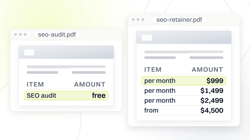 SEO audit cost. Two documents side by side in viewer windows, one priced as a free SEO audit and one listing retainers at $999, $1,499 and $2,499 a month and a further tier from $4,500.