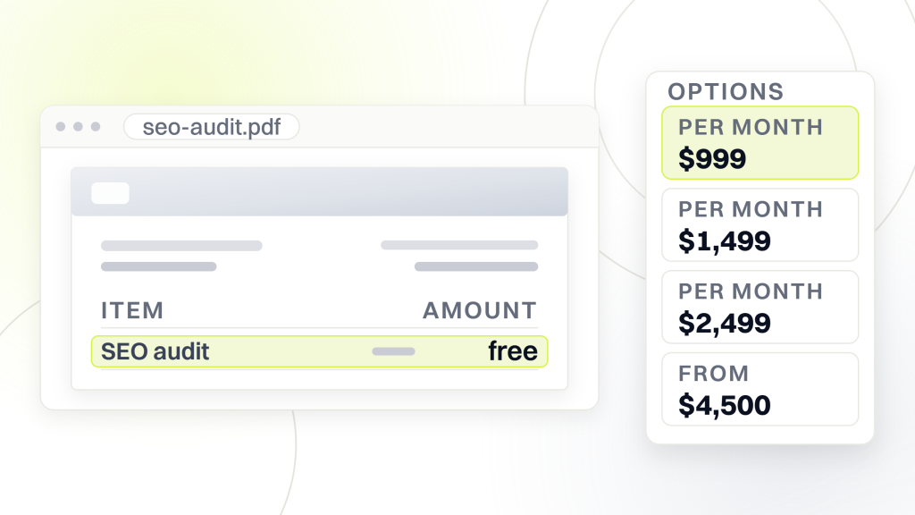 How much does an SEO audit cost. A quote document showing a single free SEO audit line beside a card listing the retainer tiers behind it, $999, $1,499 and $2,499 a month and a further tier from $4,500.