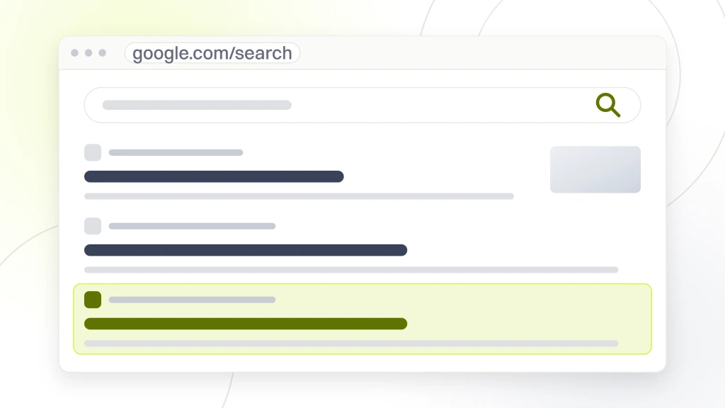 A search results window with a query box, a tab rail, one ad listing above a rule, five organic listings with the third highlighted, and a row of related search pills beneath, from a guide to SEO for Pet Stores.