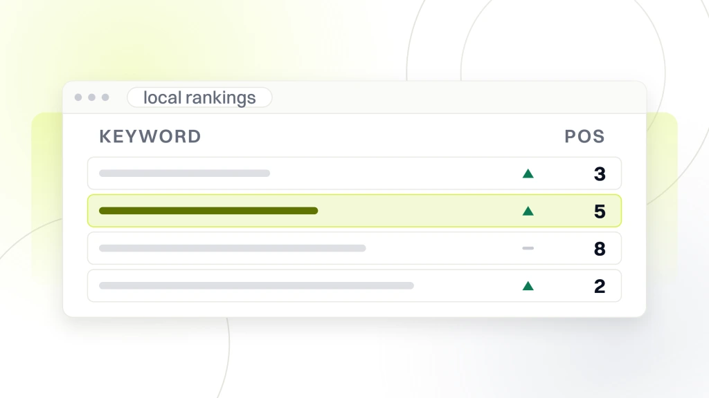 SEO content marketing for professional services firms. A wide rank tracker window titled local rankings, listing four keyword rows with movement arrows and a position column, one row highlighted.