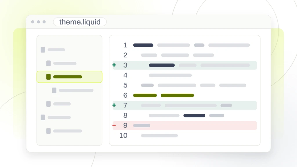 Shopify SEO Services. A code editor window with a file tree and a pane titled theme.liquid, showing ten lines with two additions and one deletion marked in the diff gutter.