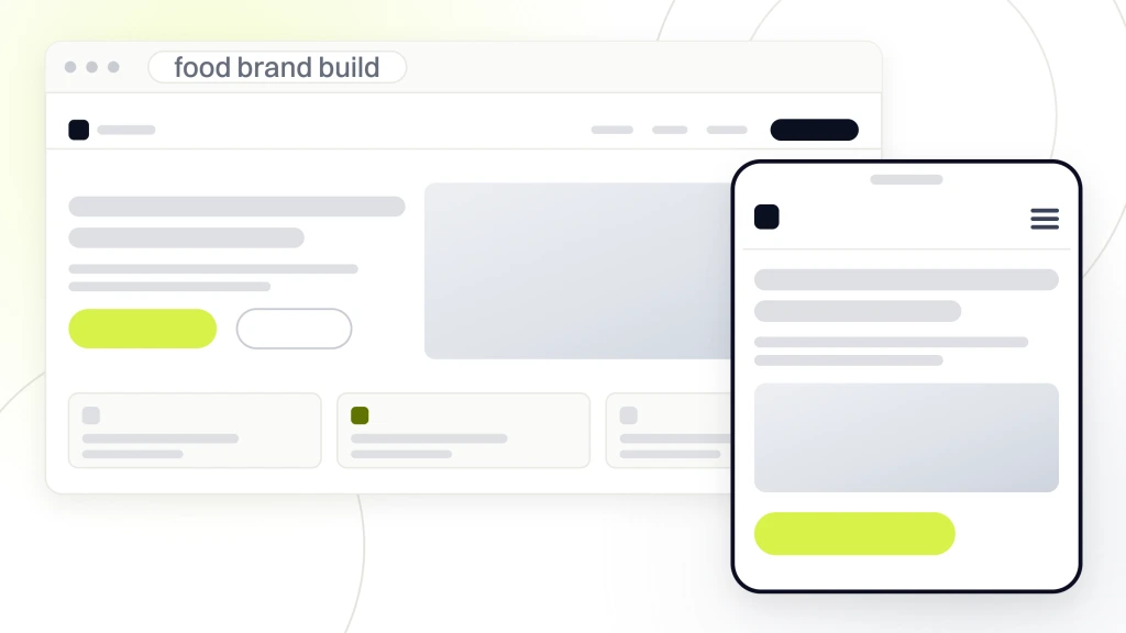 Web Design for Food and Beverage. A browser window showing a food brand site with navigation, a photographic hero and a row of recipe cards, with the same page rendered down a handset standing in front of it.