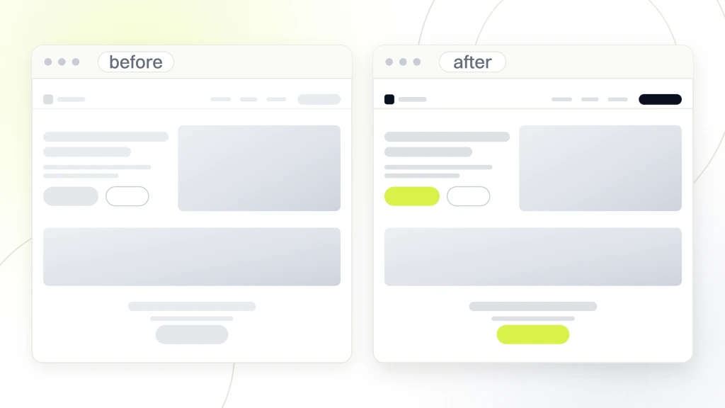 Web Design for Food and Beverage Brands. Two browser windows side by side, the before one drawn in flat grey furniture with a dull button and the after one carrying live photography and a lime call to action band.