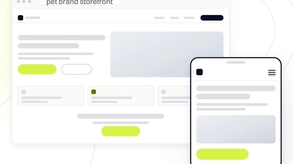 Web Design for Pet Brands. A browser window showing a pet brand storefront with a navigation bar, a photographic hero, a row of product cards and a call to action, with the same page rendered down a handset standing in front of it.