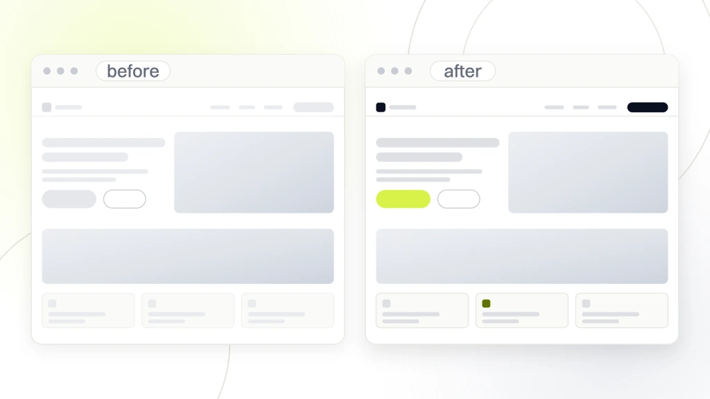 Two browser windows side by side, the before one drawn in flat grey furniture with a dull button and the after one carrying live photography and the brand's lime call to action, from a guide to web Design for Pet Brands.