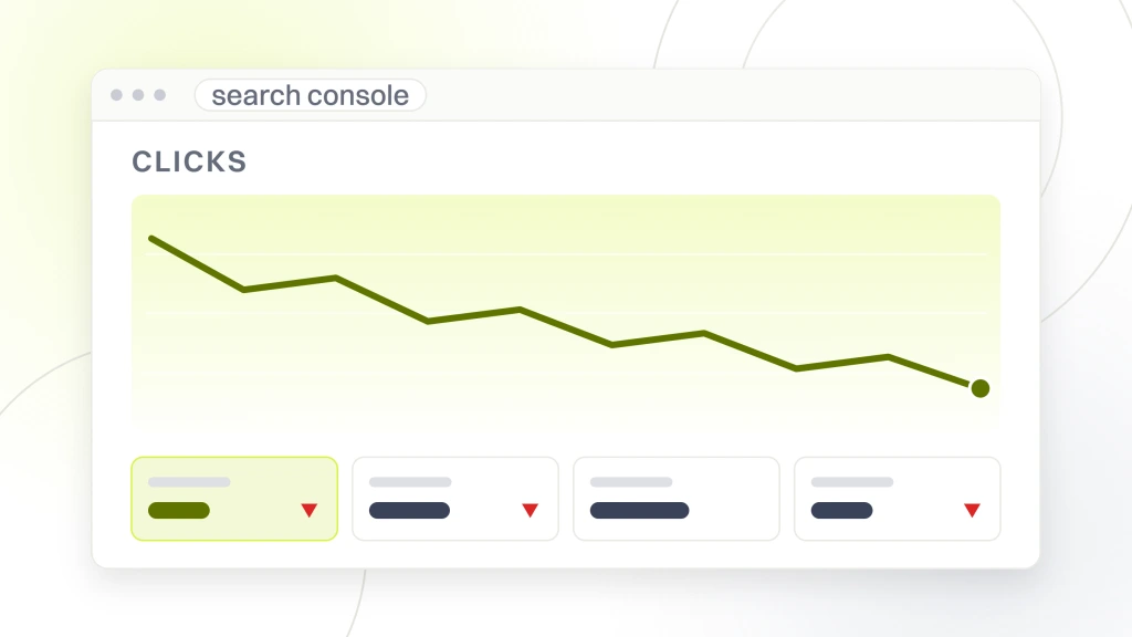 Website lost rankings after redesign. A search console window showing a clicks label over a falling line and four metric tiles, the screen a drop has to be dated on before anybody guesses at a cause.