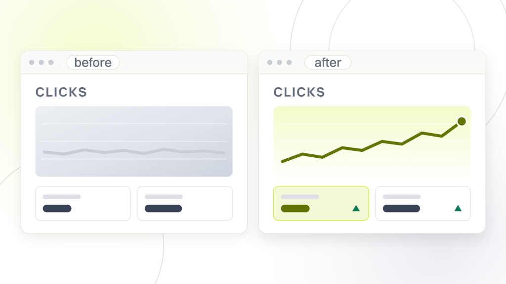 Lost rankings after redesign. Two reporting windows side by side labeled before and after, each holding the same clicks report, so a recovery can be read against the state that preceded it.
