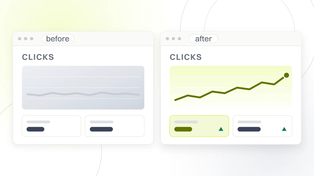 Lost rankings after redesign. Two reporting windows side by side labeled before and after, each holding the same clicks report, so a recovery can be read against the state that preceded it.
