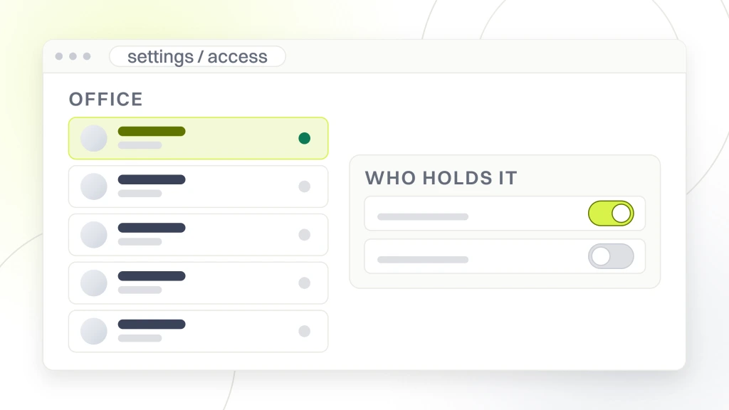 What Does DSO Mean in Dental. An admin access window listing five office rows beside a permissions panel with two switches, business functions turned on and chairside judgment turned off.