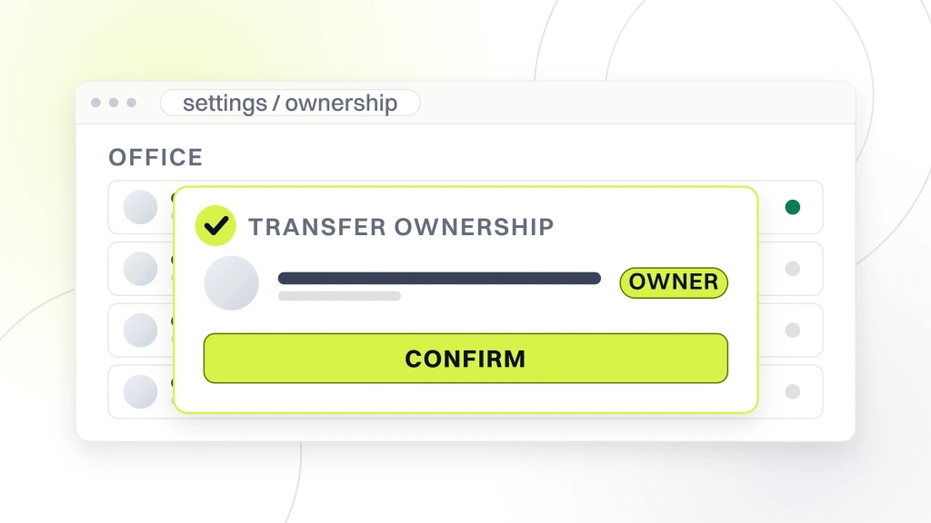 What does DSO stand for dental. An admin window with four office rows behind a transfer ownership dialog carrying a confirm button.