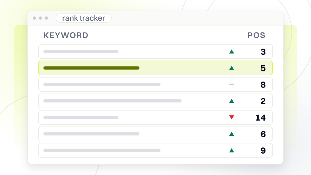 What happens if you stop SEO. A rank tracker window holding seven keyword rows, each with its term rule, a movement mark and a position, the list that carries on being checked after the work stops.
