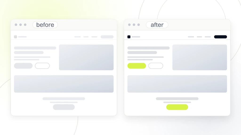 Website redesign vs rebuild. Two browser windows side by side labeled before and after, the same page drawn with dim furniture and a grey button on one side and live photography and a lime button on the other.