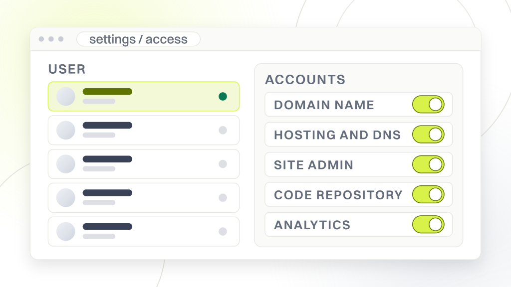 Who owns your website when an agency builds it. A settings window with a permissions panel listing the accounts ownership comes down to, domain name, hosting and DNS, site admin, code repository, analytics and search console, each with its own state.
