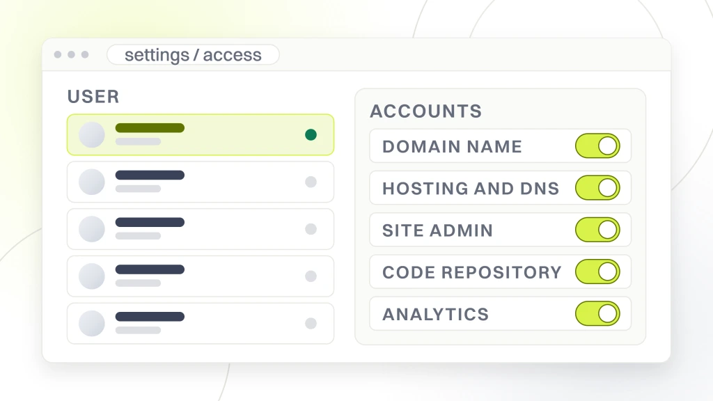 Who owns your website when an agency builds it. A settings window with a permissions panel listing the accounts ownership comes down to, domain name, hosting and DNS, site admin, code repository, analytics and search console, each with its own state.