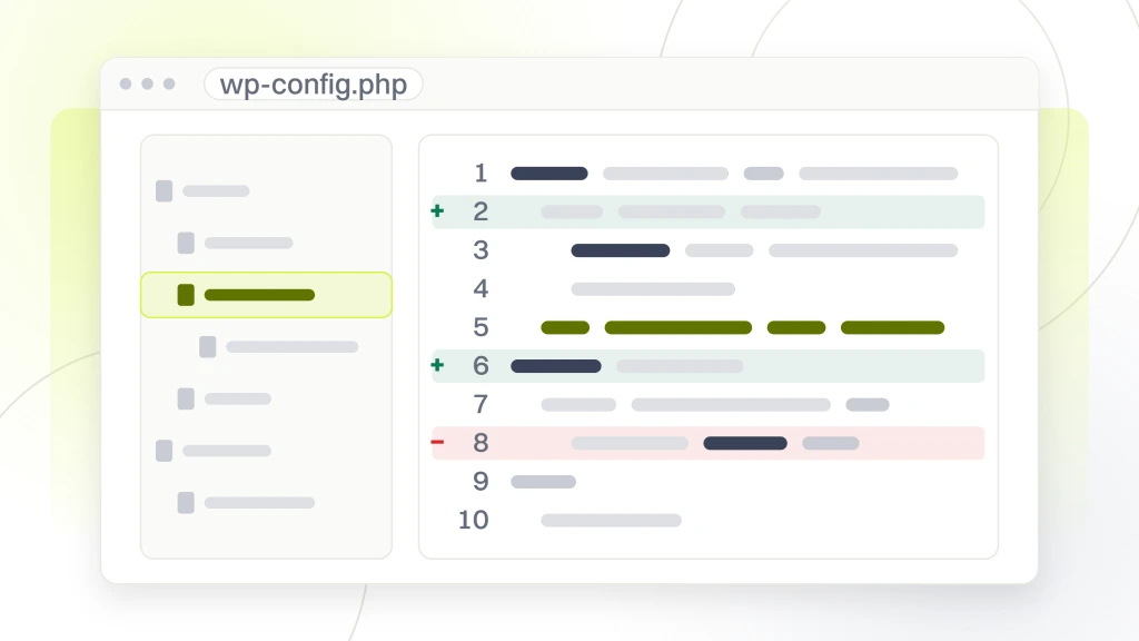 WordPress Updates for Chiropractors. A code editor window with a file tree and a pane titled wp-config.php, showing ten lines with two additions and one deletion marked in the diff gutter.