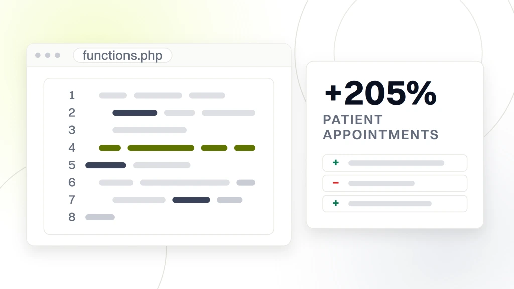 A code pane titled functions.php showing eight lines of theme code, beside a card reading plus 205 percent under the words patient appointments, from a guide to WordPress Updates for Chiropractors.
