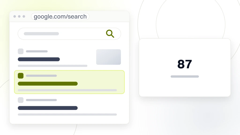 AI healthcare SEO. A search results page in browser chrome with three organic listings, the middle one highlighted, and a panel beside it reading 87 of 200 queries cited.