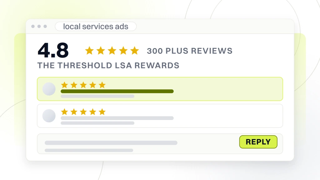Dental Ad Ideas. A review panel window with the average 4.8 set beside filled stars and the count 300 plus reviews, two review rows under it and a reply composer at the foot.