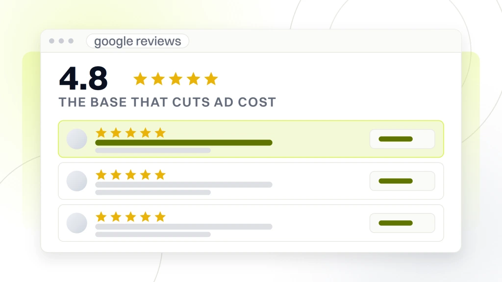 Ideas for dental ads. A review panel window with the average 4.8 set beside stars and three review rows under it.