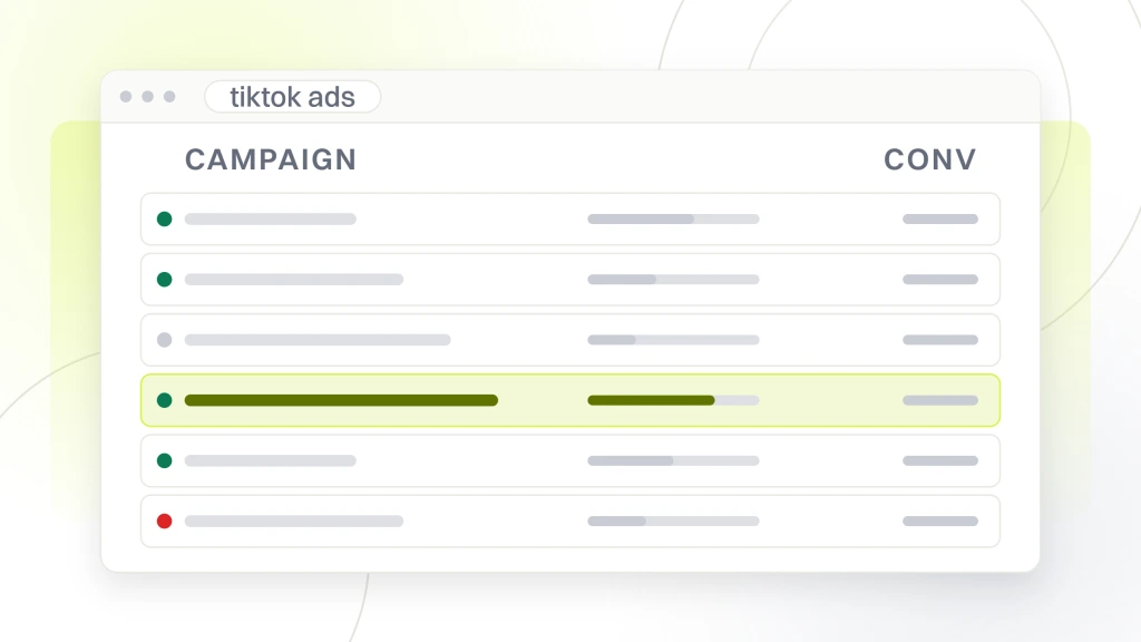 Dental Social Media Ads. An ads account window listing six campaign rows with their daily budget rail, one row highlighted, and a spend curve above them.