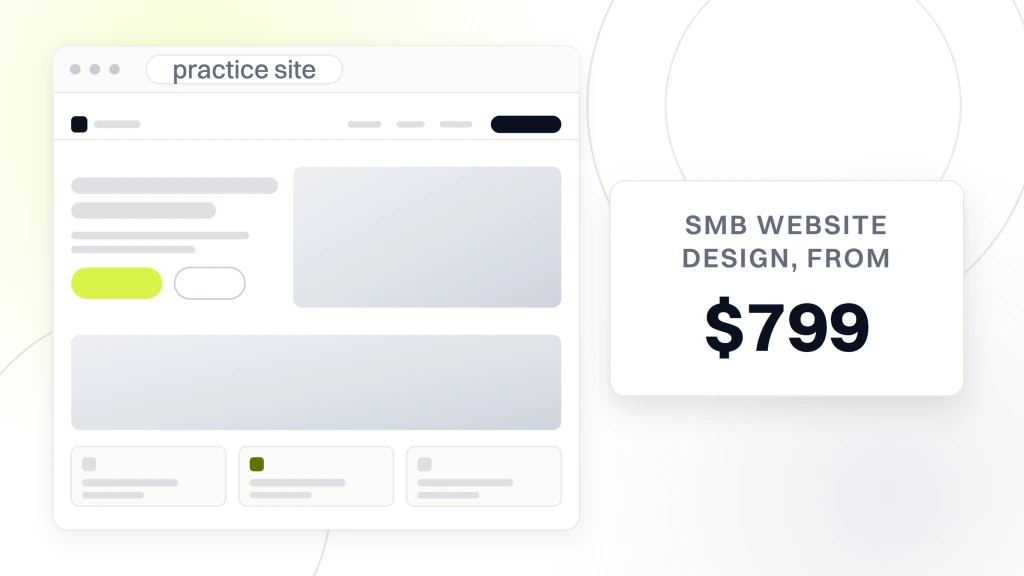 A dental practice site drawn in browser chrome beside a card reading $799, labeled as the entry price of the SMB website design tier, from a guide to dental Website Builder.