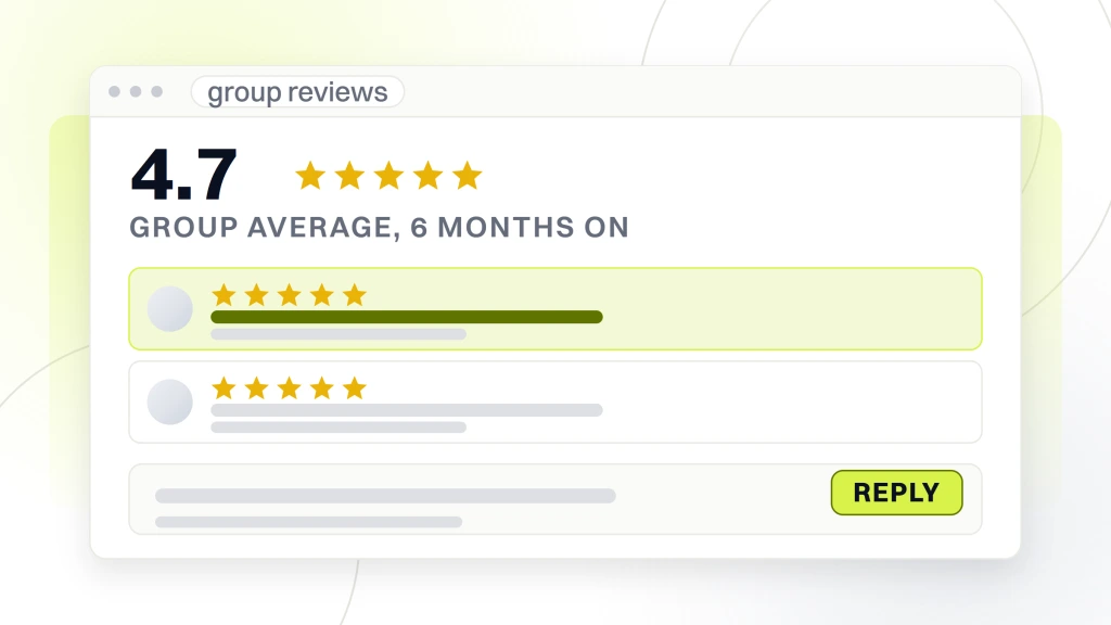DSO Dental Marketing Company. A review panel window with the average 4.7 set beside filled stars, four review rows under it, and a reply composer at the foot.
