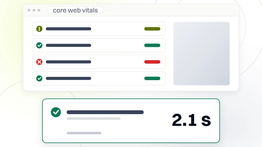 An audit window with four verdict rows above a card carrying the measured value 2.1 seconds, labeled mobile LCP after image conversion and marked as passing, from a guide to fast Hosting for Fashion Ecommerce.