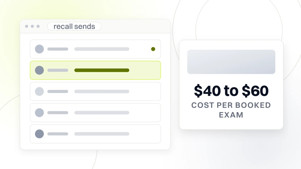 Optometrists marketing services. A mail client window titled recall sends listing five messages with their sender and subject rules, and a card beside it reading $40 to $60 cost per booked exam.