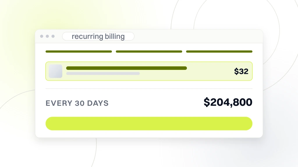 Pet Products Website Maintenance for Subscription. A checkout window titled recurring billing with a single $32 subscription line and a totals box reading $204,800 every 30 days.