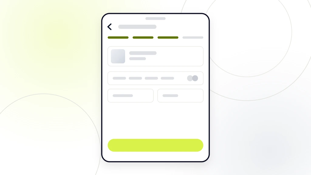 Pet Products Website Maintenance. A handset showing a checkout on its payment step, four step markers across the top with the third reached, card entry fields drawn out and a lime pay button across the foot.