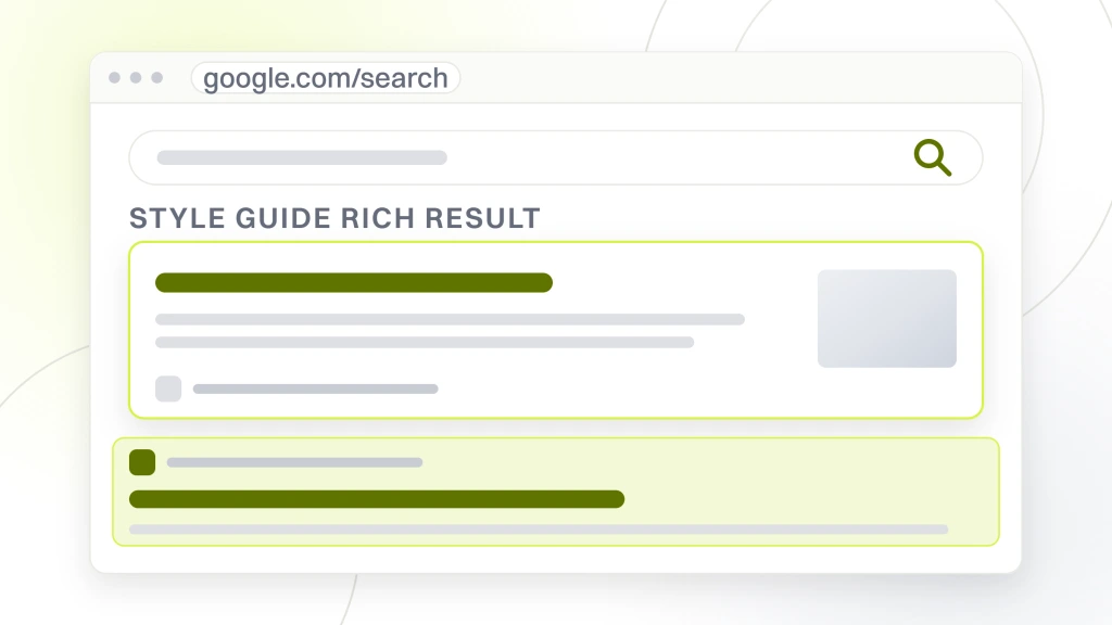 SEO Tips for Fashion Blogging. A search results window with a query box, a highlighted rich result card carrying a thumbnail and its source line, and two organic listings beneath it.