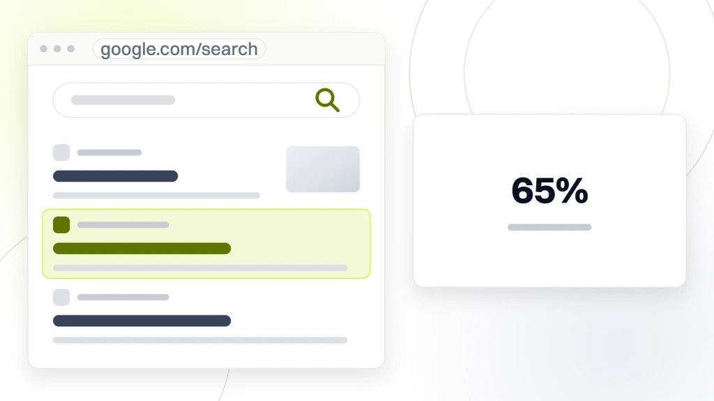 YouTube SEO Optimization Healthcare Content. A search results page in browser chrome with a query box and three organic listings, one highlighted, and a panel beside it reading 65% health queries with video.