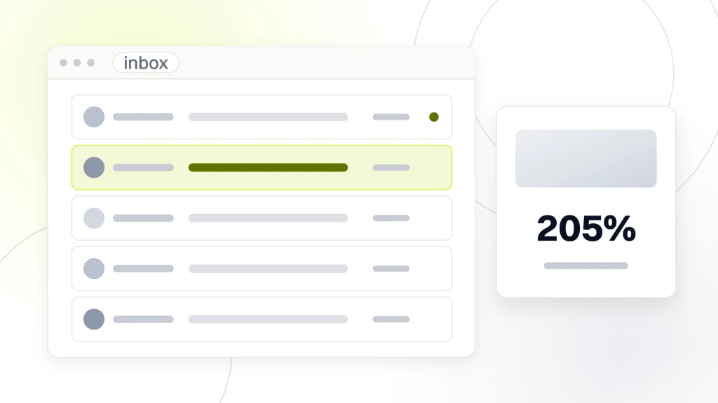 A mail client window listing five sends with their senders and time stamps, beside a white card carrying a photographic band, the figure 205% and the words new appointments, 12 months, from a guide to chiropractor Lead Generation Marketing.