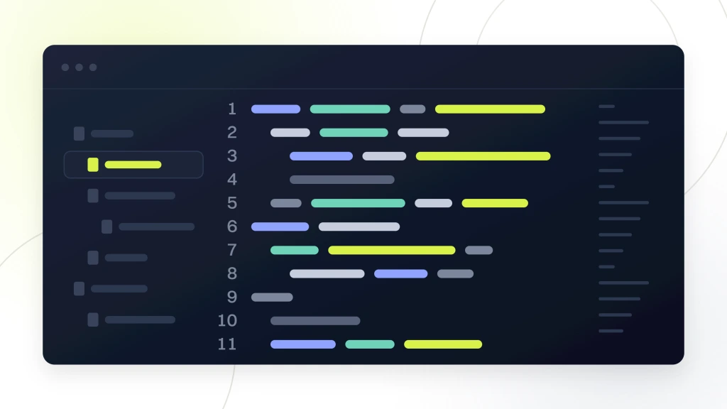 Chiropractor technical SEO. A dark editor pane with its own window chrome, a file rail on the left, eleven syntax colored lines of code and a minimap column on the right.