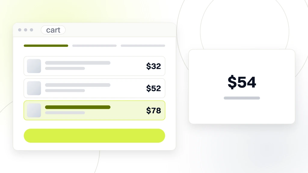 CPG Food Ecommerce. A checkout window with three cart lines priced $32, $52 and $78, the $78 starter kit highlighted, and a panel beside it reading $54 blended order value.