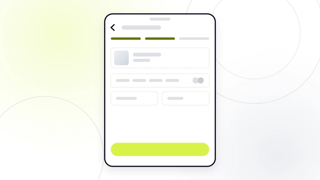 A handset showing a checkout mid purchase, the step indicator on the second of three steps, the card entry fields drawn out and a lime pay button across the foot, from a guide to CPG Food Ecommerce.