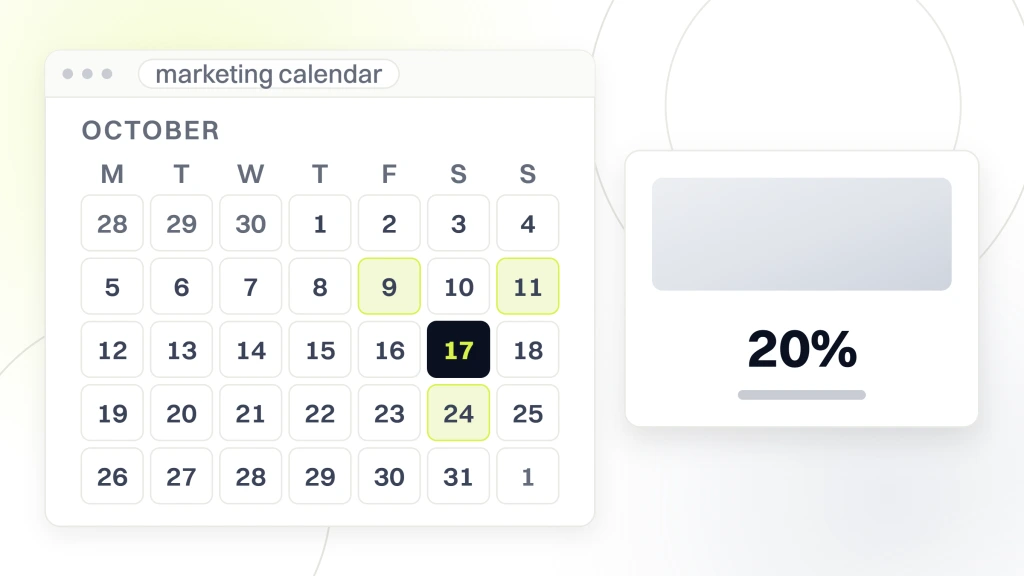 Monthly dental marketing plan. A calendar window showing an October month grid beside a white card carrying a photographic band, the figure 20% and the words ppc conversion rate, network.