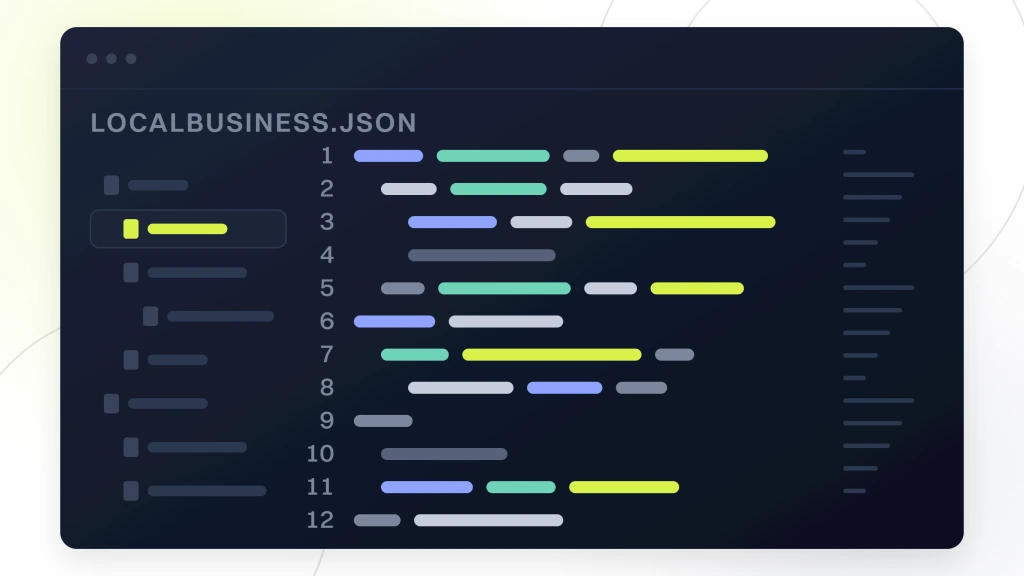 Dental Schema Markup. A dark editor pane with its own window chrome, the file name localbusiness.json above it, a file rail, twelve syntax colored lines and a minimap column.