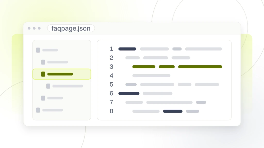 Schema Markup for Dentists. A light editor window with a file tree down the left, the file name faqpage.json in the chrome and eight lines of code, one highlighted in lime.