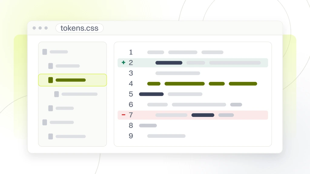Difference Between Web Design and Development. An editor window with a file tree on the left and a syntax pane on the right, showing nine lines of token declarations with one added and one deleted in the diff gutter and one line highlighted.