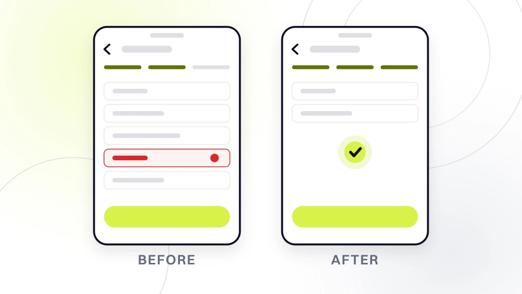 Ecommerce Sales Funnel. Two handsets side by side labeled before and after, the left showing a six field checkout form with one field failed, the right showing two fields and a confirmation tick.