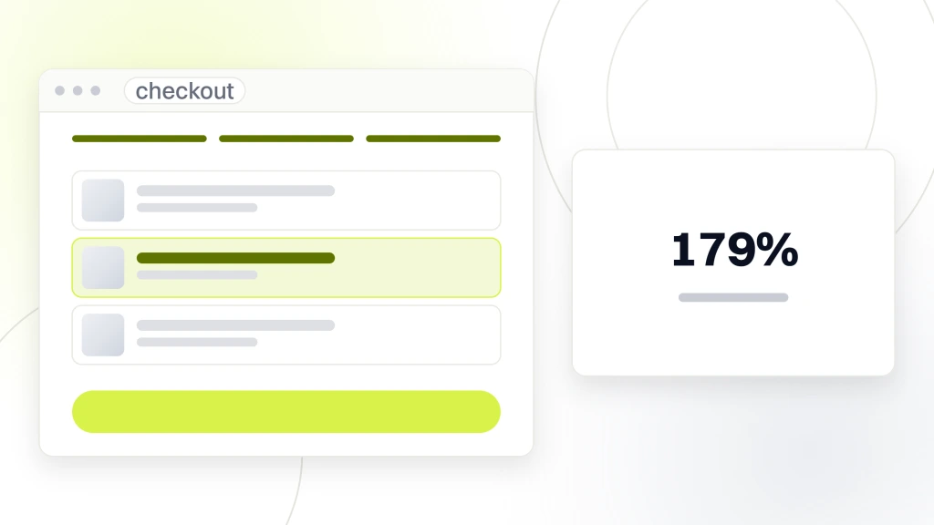 Ecommerce Sales Funnel Optimization. A checkout window showing a step indicator and three cart lines with the second highlighted, beside a white card carrying the figure 179% and the words ecommerce revenue.