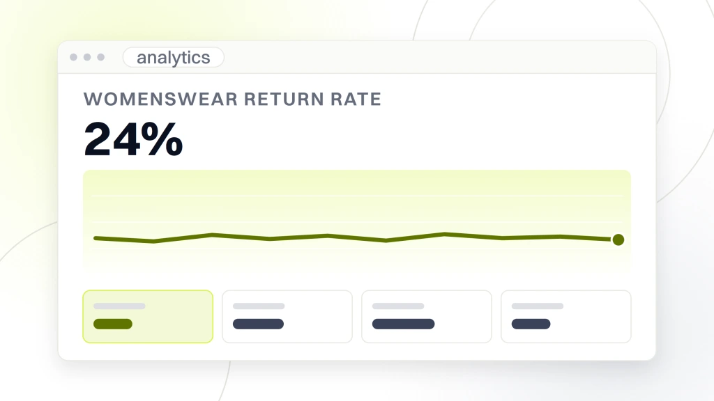 Fashion Marketing Trends. An analytics dashboard in browser chrome reading womenswear return rate 24%, with a flat plot line under it and a row of four metric tiles across the foot.