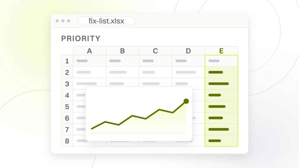 Ecommerce SEO Audit Checklist for DTC. A spreadsheet export window with five columns and seven rows of fix list cells and a chart object over them, the read column headed priority.